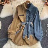 Denim Patchwork Spring Autumn Irregular Long Sleeve Women Dress with Belt