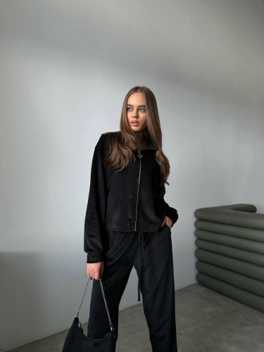 Casual Velvet Zipper Long Sleeves Pockets Sweatshirts Two Pieces