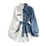 Denim Patchwork Spring Autumn Irregular Long Sleeve Women Dress with Belt