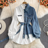 Denim Patchwork Spring Autumn Irregular Long Sleeve Women Dress with Belt