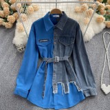 Denim Patchwork Spring Autumn Irregular Long Sleeve Women Dress with Belt