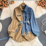 Denim Patchwork Spring Autumn Irregular Long Sleeve Women Dress with Belt