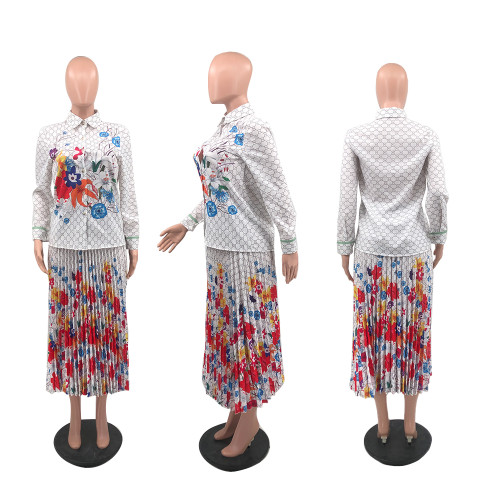 Casual Chiffon Long Sleeve Shirt Mid-length Pleated Skirt Two Piece Set