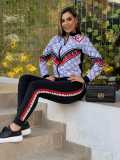 Fashion Long Sleeve Printed Zipper Sweatsuits Two Piece Set