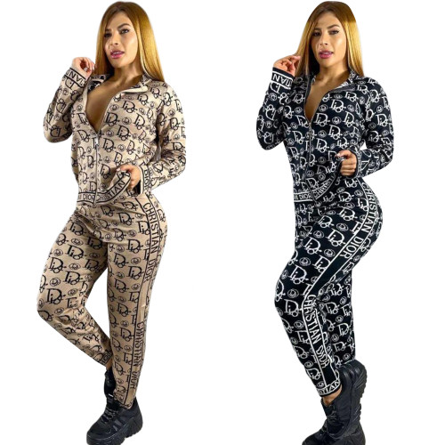 Fashion Long Sleeve Printed Zipper High Neck Sweatshirt Two Piece Set