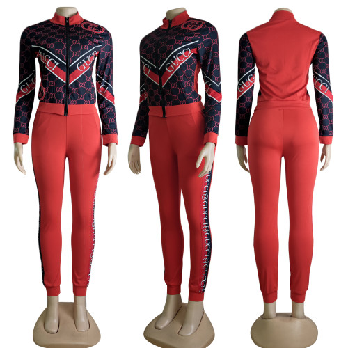Fashion Long Sleeve Printed Zipper Sweatsuits Two Piece Set