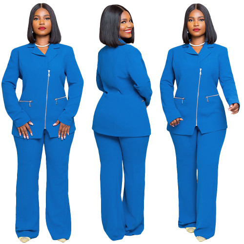 Plus Size Solid Color Blazer Neck Zipper Two Piece Pants Set