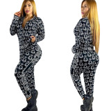 Fashion Long Sleeve Printed Zipper High Neck Sweatshirt Two Piece Set