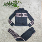 Fashion Long Sleeve High Neck Printed Zipper Sweatshirt Two Pieces