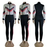 Fashion Long Sleeve Printed Zipper Sweatsuits Two Piece Set