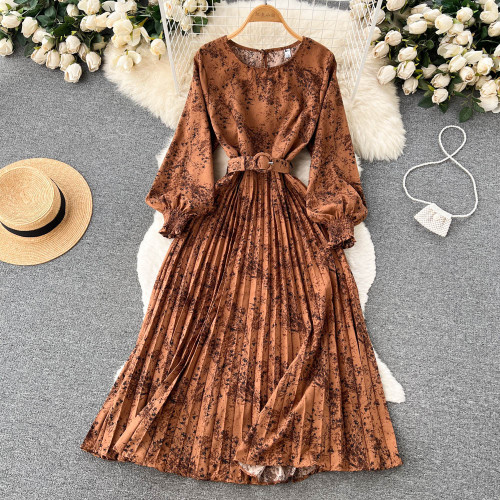 Vintage Printed Pleated Dress Women Elegant Pleated Round Neck Long Dress Female Slim Fit Belted Long Sleeve Midi Dress