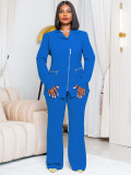 Plus Size Solid Color Blazer Neck Zipper Two Piece Pants Set