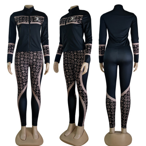 Fashion Long Sleeve High Neck Printed Zipper Sweatshirt Two Pieces