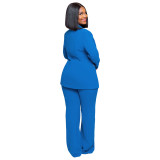 Plus Size Solid Color Blazer Neck Zipper Two Piece Pants Set