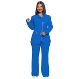 Plus Size Solid Color Blazer Neck Zipper Two Piece Pants Set