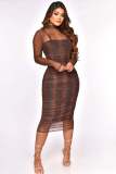 Women's See-Through Mesh Sling Print Sexy Two Piece Dress