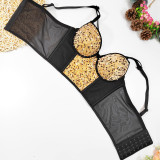 Sparkling Mesh and Velvet Beaded Embroidery and Sexy Straps Crop Top