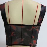Printed Mesh Steel-Boned Fishbone Structure Wide Straps Bustier