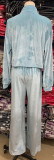 Versatile Velvet Set - Zipper Collar Jacket and Wide Leg Pants