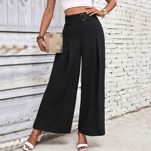 Solid Color Belted Wide-Leg Pants - Women