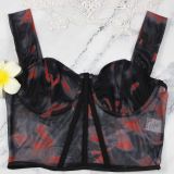 Printed Mesh Steel-Boned Fishbone Structure Wide Straps Bustier