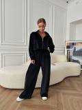 Versatile Velvet Set - Zipper Collar Jacket and Wide Leg Pants