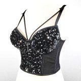 Sparkling Mesh and Velvet Beaded Embroidery and Sexy Straps Crop Top