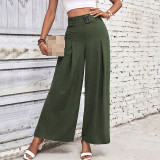 Solid Color Belted Wide-Leg Pants - Women