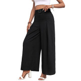 Solid Color Belted Wide-Leg Pants - Women