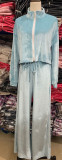 Versatile Velvet Set - Zipper Collar Jacket and Wide Leg Pants