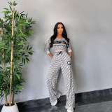 Casual Thread Printed Long Sleeve Tops Wide Leg Pants Two Piece Set