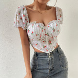 Floral Lace Sheer Puff Sleeve Steel Boning Corset Top