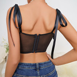 Steel Ring Fishbone Design Flower Mesh Slimming Perspective Sexy Camisole