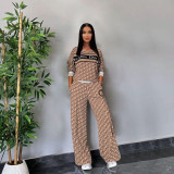 Casual Thread Printed Long Sleeve Tops Wide Leg Pants Two Piece Set