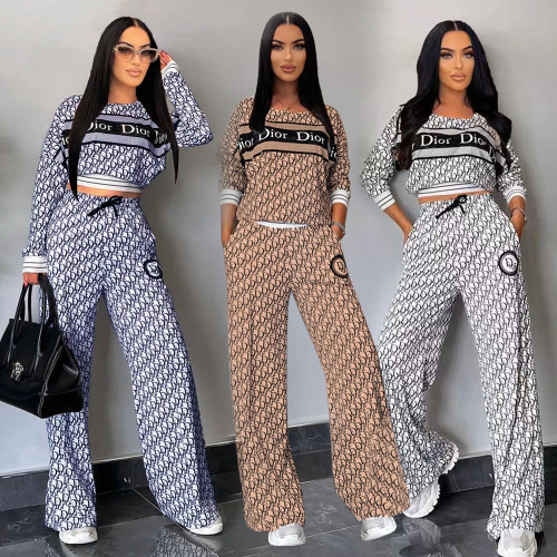 Casual Thread Printed Long Sleeve Tops Wide Leg Pants Two Piece Set