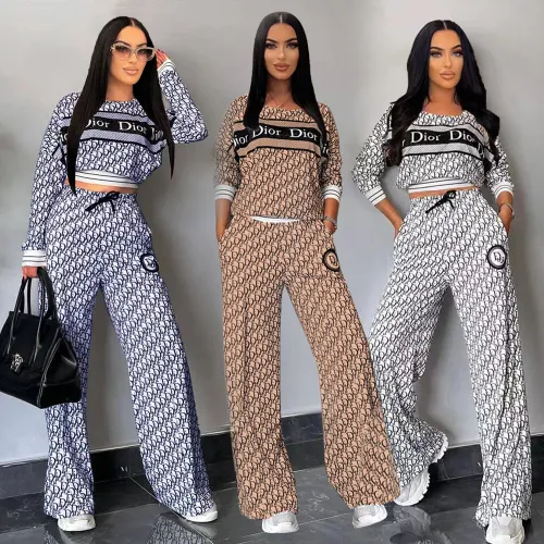 Casual Thread Printed Long Sleeve Tops Wide Leg Pants Two Piece Set
