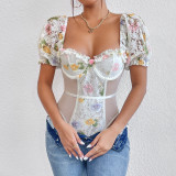 Bubble Sleeve Floral Lace Steel Rings and Sheer Mesh Bodysuit