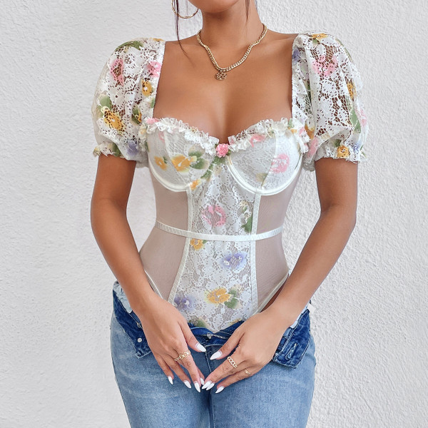 Bubble Sleeve Floral Lace Steel Rings and Sheer Mesh Bodysuit