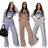 Casual Thread Printed Long Sleeve Tops Wide Leg Pants Two Piece Set