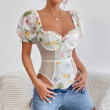 Bubble Sleeve Floral Lace Steel Rings and Sheer Mesh Bodysuit