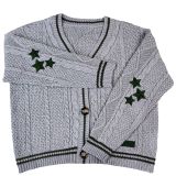 Women Star Print Knitted Cardigan V Neck Autumn Y2k Long Sleeve Sweaters Beige Vintage Chic Cute Aesthetics Pullover Sweater Top