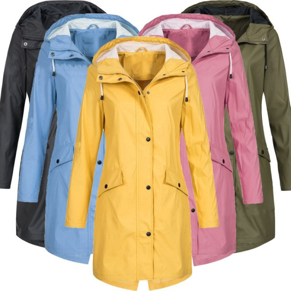 Womens Outdoor Mountaineering Jacket Plus Size Casual Long Ladies Hooded Trench Zip Up Pocket Windbreaker