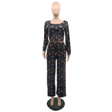 Casual Loose Soft Printed Square Neck Wide Leg Two Pieces