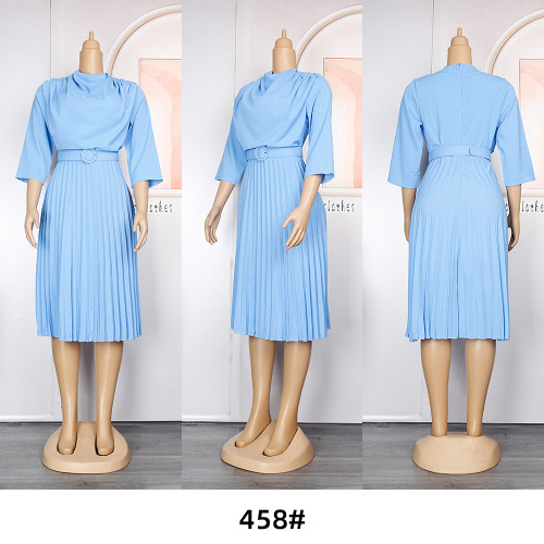 2023 women office dress african plus size solid color pleated midi dress elegant casual party dress ladies wear