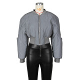Fashionable Round Neck Long Sleeve Zipper Waist-Tied Warm Casual Reflective Cotton Jacket