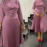 2023 women office dress african plus size solid color pleated midi dress elegant casual party dress ladies wear