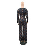 Casual Loose Soft Printed Square Neck Wide Leg Two Pieces