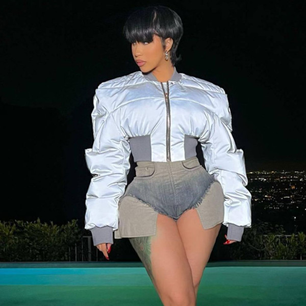 Fashionable Round Neck Long Sleeve Zipper Waist-Tied Warm Casual Reflective Cotton Jacket