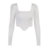 Retro Square Neck Puff Long Sleeve Herringbone Corset Crop Top