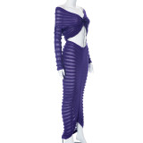 Long-sleeved Wrap-around Crop Top and Skirt Knit Set